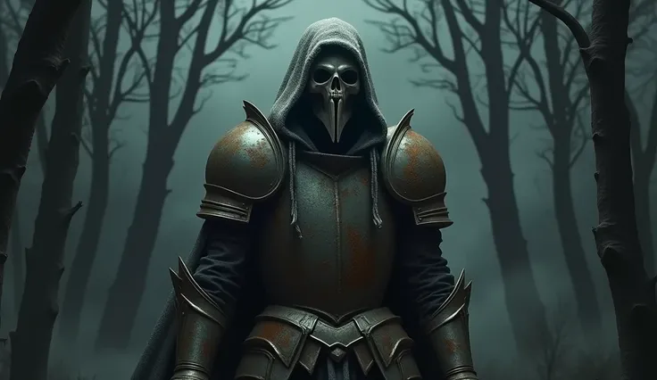 darkness. Night Dark Forest . high,  skinny figure ,  clad in completely rusted armor .  Under the shabby gray hood ,  smoothly turning into a worn out cloak , covering one shoulder, , you could see an angular knight mask with narrow rectangular viewing sl...