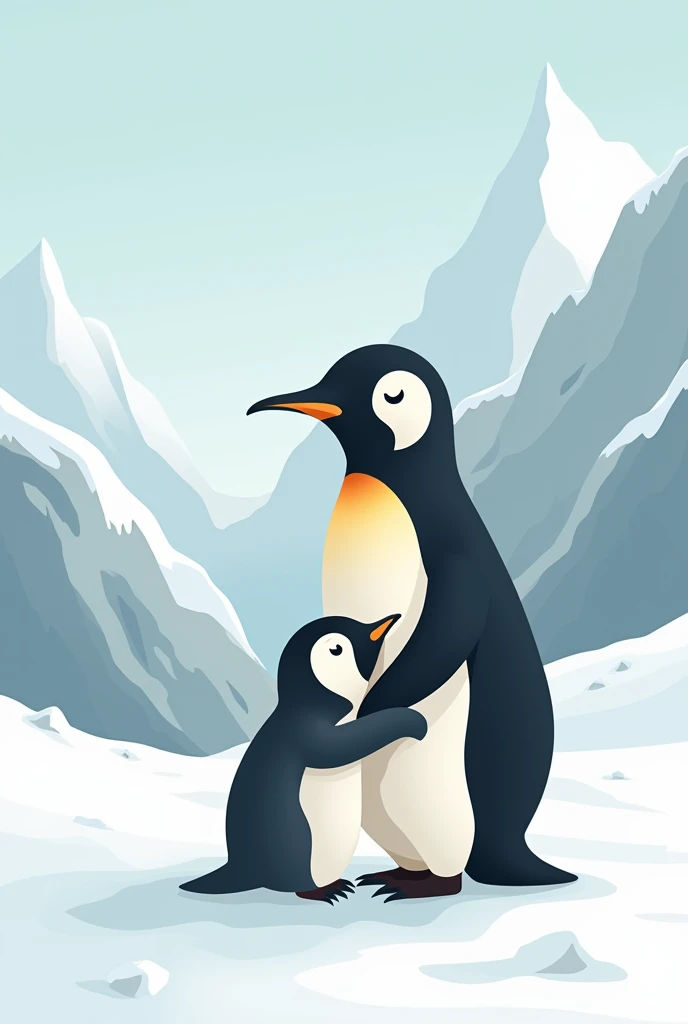 Baby penguin cuddles with mother penguin in antarctica in flat style