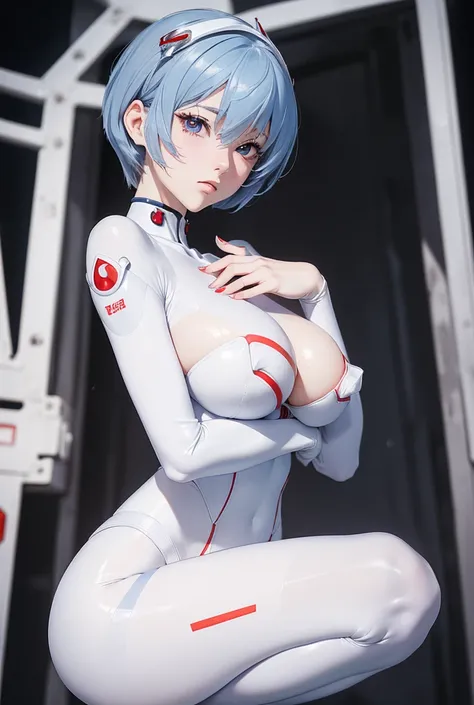 (masterpiece,  best quality, Super detailed, 8k, wallpaper, Realistic), ((Perfect hands)), (( Perfect Anatomy)), Medium cleavage, Holding a camera, with,Long, round legs,feet in the air, Round ass, (( attractive anime girl)), ((Rei Ayanami)), (( captures h...