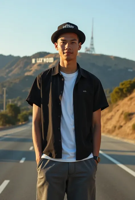  a handsome 25 year old guy ,Indonesian very short hair neat wear a hat that says  "ruhay ",  wear a black shirt under a white t-shirt and wear sarong , shoes New balance standing on a California highway with a view of the HOLLYWOOD sign on the hill, 