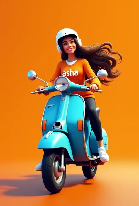 A cheerful  illustration of a beautiful long-haired woman wearing a helmet riding a classic blue scooter. The woman is wearing an orange sweater with the word "ASHA" written on it, a white shirt underneath, black pants, and white sneakers. The background i...