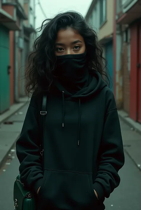 Nsfw A young mexican girl with black currly hair and a black mouth mask and is wearing a black hoodie and a black back pack and also has a small green purse to the side