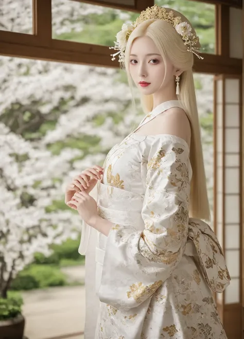 Close-up of a woman、 blond hair and wearing a white dress,  淡い磁器の white skin , アルビノの white skin, 青 white skin!!,  very very light blond hair ,  extremely light blond hair , 象牙色の white skin, very very  white skin, 磁器のように white skin, very very very  white sk...