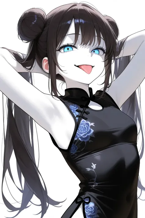 (Best Quality, Background Detail), Best Quality, Original Detail Dynamic Art, Anatomically Correct, Tongue Out, Blue Eyes, Image from Waist, Aside, One Girl, Provocative Gaze, Evil Smile, (White Skin), Twin Tails in a Bun, Dark Hair, (Black Chinese Dress),...