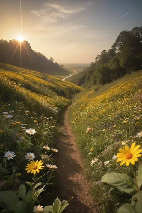 A realistic visualization of the waggle dance's meaning, showing lines of light tracing the directions and distances from the hive to a field of flowers. The honeybee's movements are overlaid with glowing arrows pointing to the food source, creating a futu...