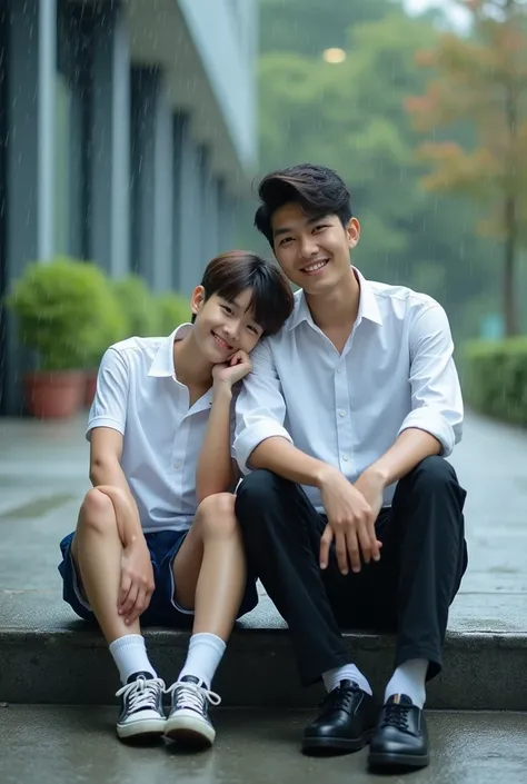 Photo​ ​​rain​ in​ evening.​Only​ 2​ cute​ Asia​ male​ teenagers sit​ next​ to​ each​ other​ at​ open​ air​ lobby of​ school​ building.The​ 18​ years​ teenager​ is​ resting on the​ next​ teenager ​shoulder, close​ eyes, ​ware​ high​ school​ uniform, white​...