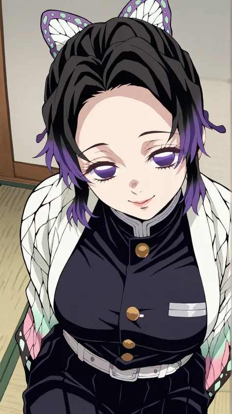 Shinobukochou
High quality ,  top quality , masterpiece,  high res, detailed face ,anatomically correct ,
 1 girl, Alone, 1 woman ,solo, Detailed hairstyles (lora: Shinobu Kochou)
,  Shinobu Kocho,   black tied hair  ,,  butterfly hair ornament,  purple ey...