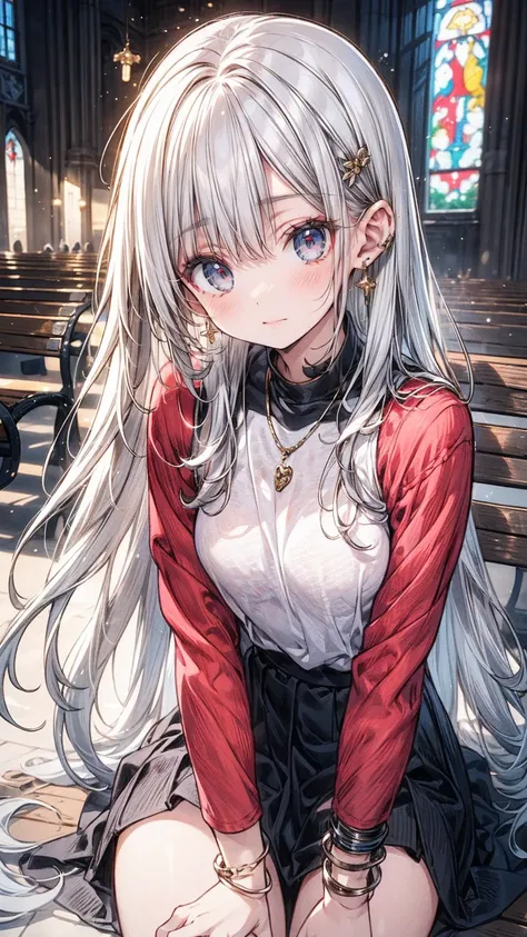 ((flat anime, 2D, 1girl:1.2)), ((12-years old:1.1, lolli:1.3)), (silver long hair:1.5), reflective hair, ((focus on breasts:1.3)), (natural skin:1.3), (natural looking makeup:1.5), (slender:1.4), ((small breast:1.5)), BREAK, ((prayer:1.3)), (necklace, earr...