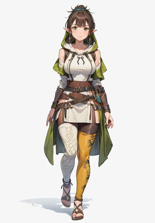 ((best quality))) (((HD))) (((8k))) (character) 20-year-old woman, ((adventurous)), Young halfling, short stature and plump, chunky ((medium breasts)), (wide hips:1.2), long pointy ears, dark brown hair, medium length and held back with a hair band, long s...