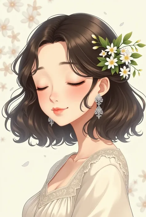 An elegant anime-style illustration of a young woman with shoulder-length wavy dark brown hair and closed eyes, radiating a peaceful aura. Delicate white flowers and green leaves are woven into her hair, some petals gently brushing against her face. She we...