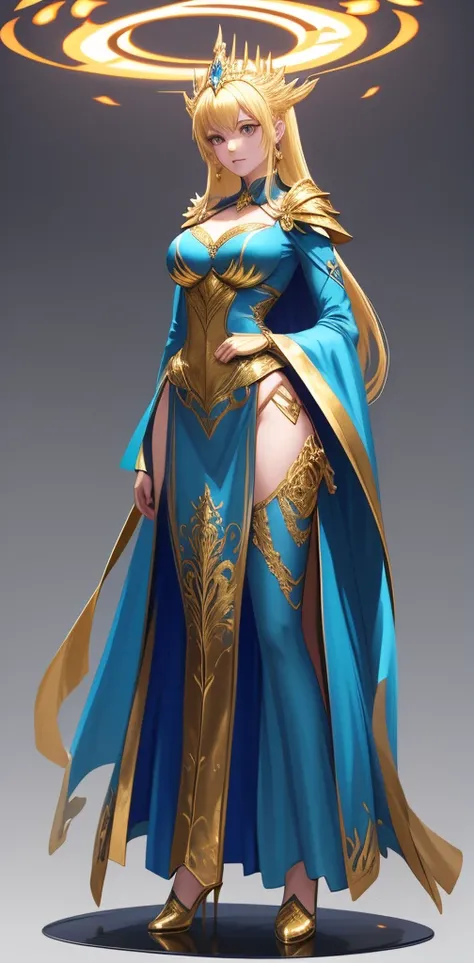 Solo, medium breast, blonde hair, a woman in a blue dress with a gold cape and a blue cape, appears as the fire goddess, outfit design, the fire queen, new costume concept design, grayscale phtoto with blue dress, water dress, full body concept, dark sorce...