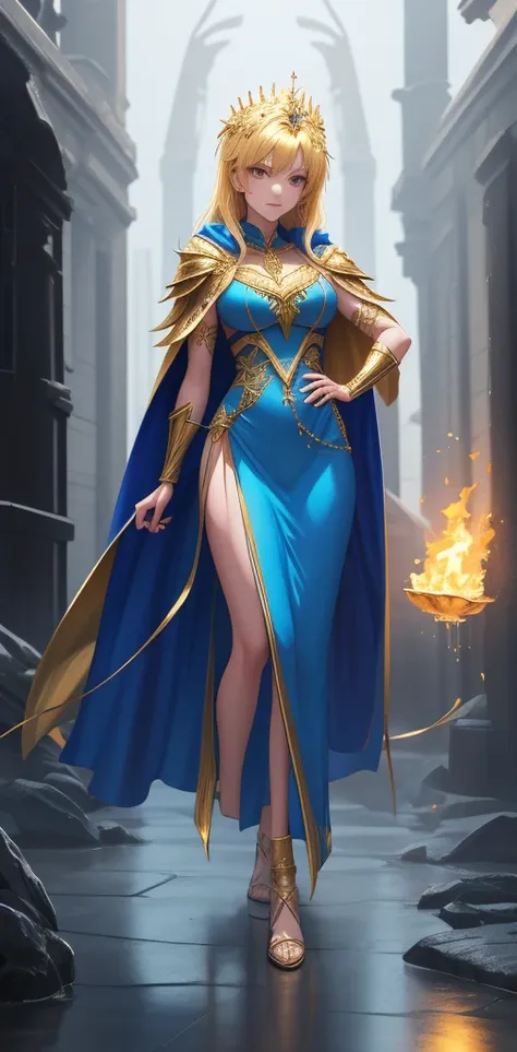 Solo, medium breast, blonde hair, a woman in a blue dress with a gold cape and a blue cape, appears as the fire goddess, outfit design, the fire queen, new costume concept design, grayscale phtoto with blue dress, water dress, full body concept, dark sorce...