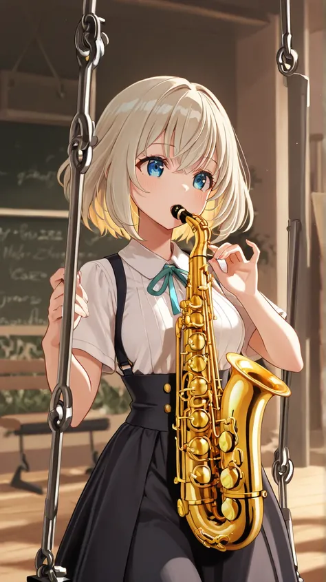 A masterpiece of Japanese anime art's one scene, super detailed painting, 8K resolution, portrait mode, evoking a sense of playfulness and subtle authority, features a delicate, Jazz Bar of 1930s, Lo-fi, Blues, Swing Free Jazz, Fusion Jazz, lady instrument...