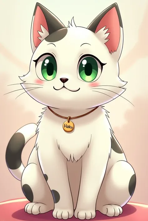  Anime cartoon of a white cat with black spots, green eyes and a black nose, Say Haku on a necklace 