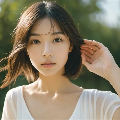 A hyper-realistic image of a single Japanese woman in her early 20s, captured with the nostalgic warmth and subtle graininess of a film camera. Her skin has a warm beige tone with a natural, slightly rough texture that includes visible pores, fine lines, a...