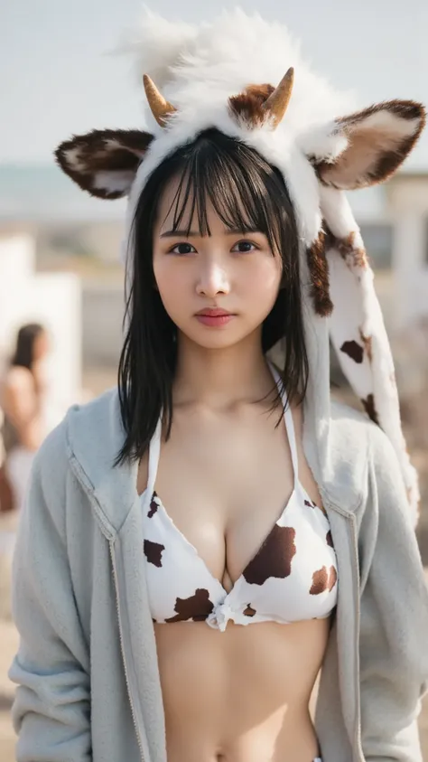  full body photo、 very detailed on trends, Masterpiece,  best quality ,  ultra highres ,  original ,  Perfect Lighting ,   wearing a cute cow print bikini costume( big breasted ),( open your mouth, with one hand ),  with a large doll cow standing behind he...