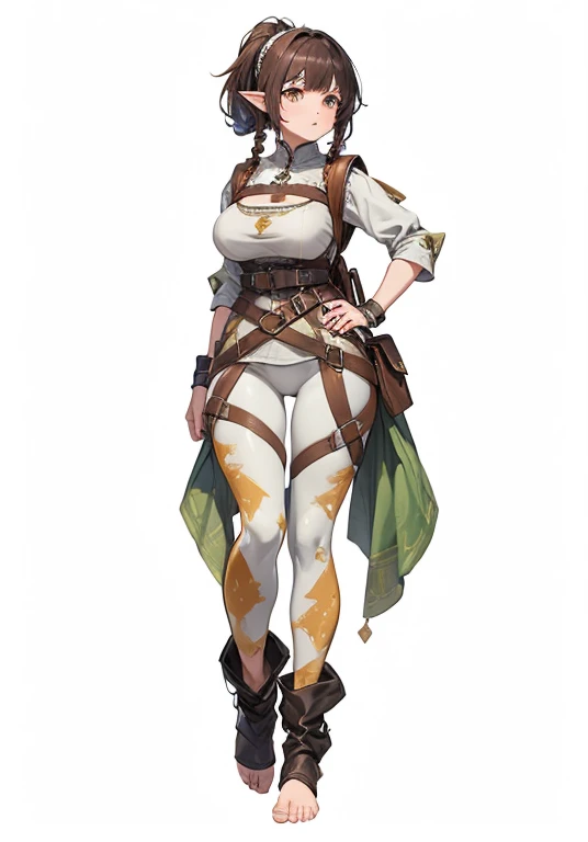 ((best quality))) (((HD))) (((8k))) (character) 20-year-old woman, ((adventurous)), young halfling, elf, short stature and plump, large breasts, (wide hips:1.2), long pointy ears, dark brown hair, medium length and held back with a hair band, long side-ban...