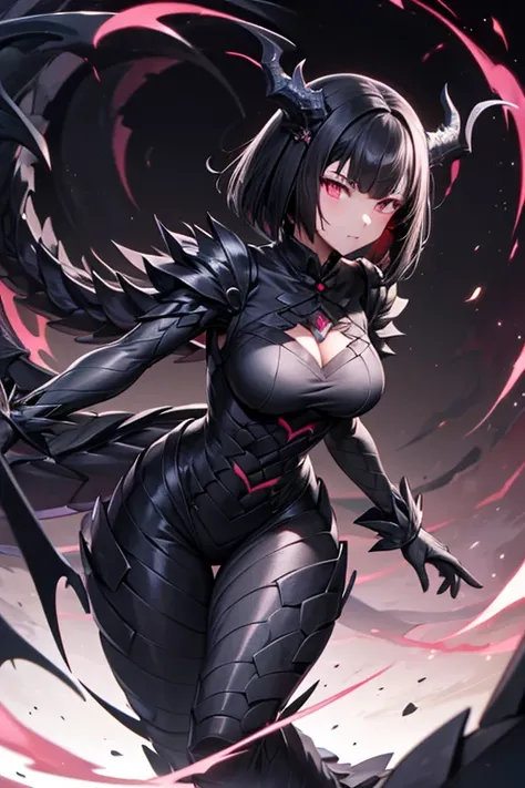 1 girl, dark dragon scales , long black dragon tail ,  long dragon-like horns , ojos rosados, short black hair Bob style.