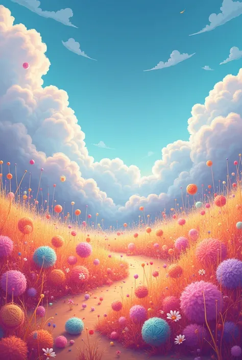 a flat-style drawing: a magical land - endless fields of fluffy threads stretched around, multicolored balls of yarn that looked like small candies, everything was colorful and beautiful