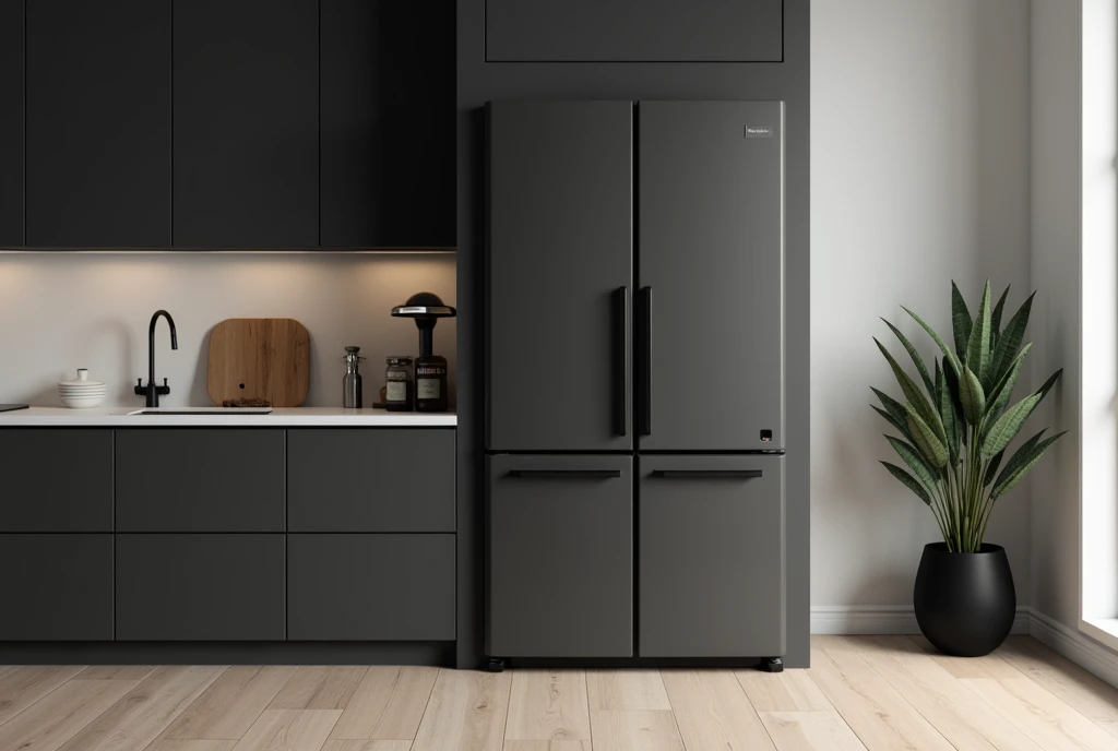 got it。

A modern kitchen space with a minimalist and sleek design. The room features a dark matte refrigerator with a double-door design and lower storage drawers, blending seamlessly with the surrounding cabinetry. The cabinets and walls are a matching d...