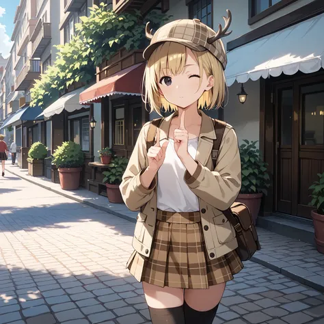 rating_questionable,
(cowboy shot), dutch angle, from lower,
1girl, solo,
ash blonde hair, short bob cut, asymmetrical hair, black eyes,
wearing a beige Cropped Jacket, (deerstalker hat), white under shirt, checkered mini skirt, thighhighs, detailed clothi...