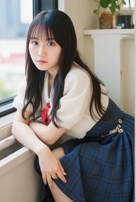 (( female student sitting on train seat  ))， charming eyes， Heartwarming Action ， A woman looking away from the camera ，Storped， bending over，Turn back， overhead at the sun，Thick and long black hair， highly detailed body ，Highly detailed faces， best qualit...