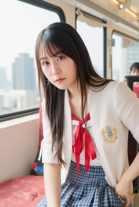 (( female student sitting on train seat  ))， charming eyes， Heartwarming Action ， A woman looking away from the camera ，Storped， bending over，Turn back， overhead at the sun，Thick and long black hair， highly detailed body ，Highly detailed faces， best qualit...