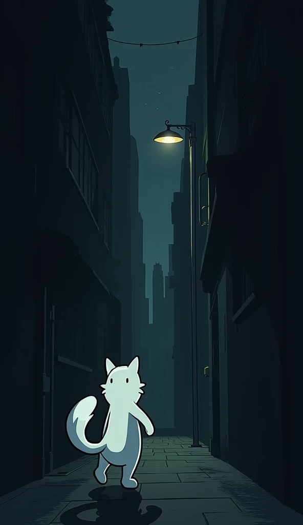 Scene 8: Getting Cornered  
Visual:Ray runs into a dead-end alley, and as he turns around, he sees the shopkeeper closing in on him. He looks back, his white fur illuminated by the nearby lamppost, but his worried face reflects his trapped situation.  

Te...