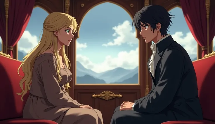 anime digital image. 

The setting is a luxurious 16th century carriage. 

Two characters are sitting opposite each other talking, a woman and a man. The woman with long blond hair, very beautiful with delicate features and green eyes, wearing a thick, bro...