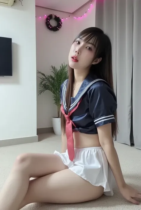 25 years old Korean woman, Face details, Deep focus, Masterpiece details, 4K, Clear focus, Light falling on her skin makes her stand out (Natural light, Afternoon light), Natural breasts, Cleavage, Soaking wet, Wearing a sailor suit with a thin white tight...