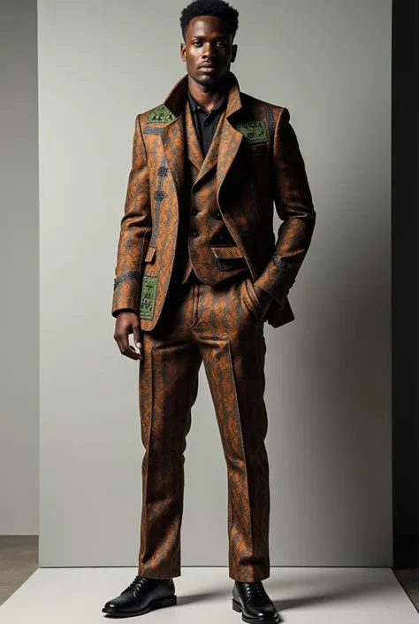 A modelling outfit, representing Kenyan heritage, for a man. An edgy outfit similar in style to a bespoke suit