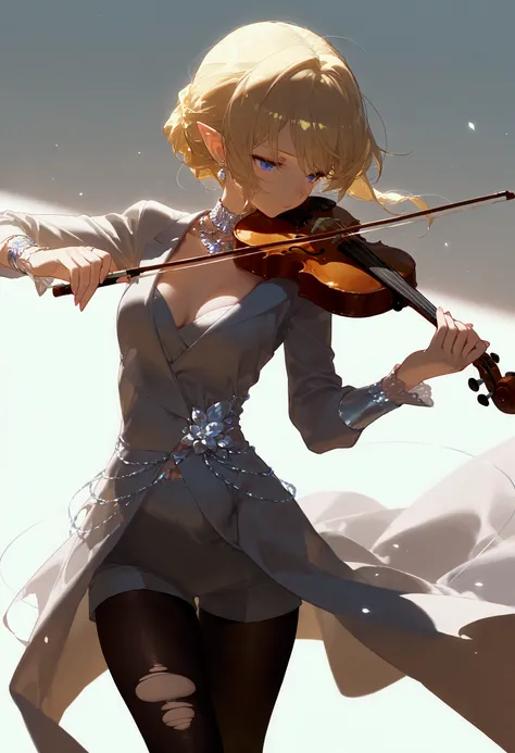 (masterpiece, best quality) detailed, Wearing black tights, silver accessories , blonde ,elegant, pointed ears ，torn clothes，playing violin