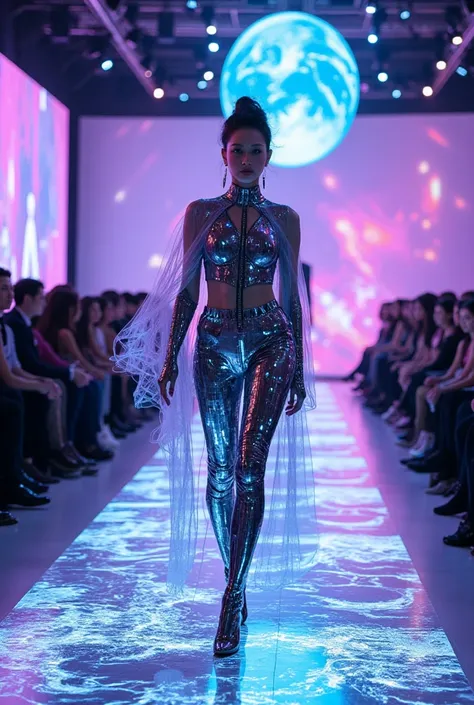 A futuristic fashion show set in a high-tech, cybernetic world with a touch of fantasy, The runway is illuminated with neon lights in vibrant shades of purple, blue, and silver, holographic earth, with holographic patterns shifting across the floor, Models...