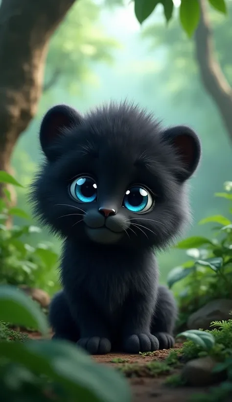 Beautiful little fluffy lion (blue eyes . Full black colour)are sitting in the jungle in 3D animation 