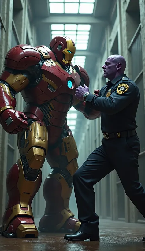 A realistic depiction of hulkbuster Iron Man in movie accurate costume punch Thanos, who is wearing a police uniform inside the prison.  
