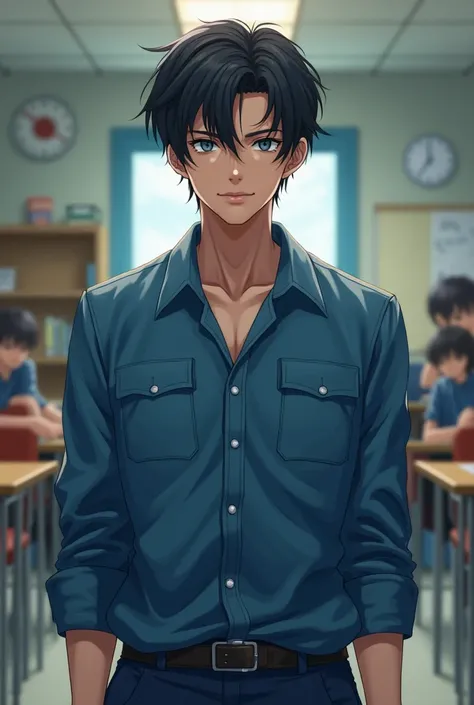 handsome guy with black hair, wearing blue highschool uniform, nonchalant style, uniform is not well-tucked