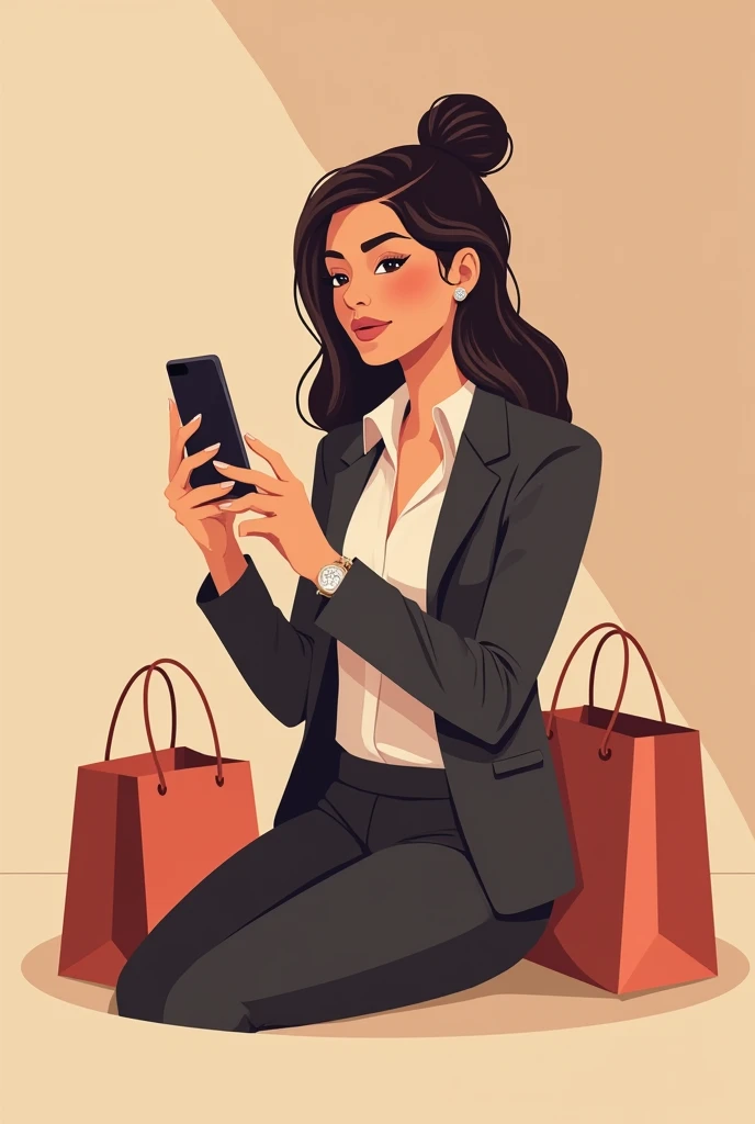 Logo for female entrepreneur with sitting cell phone and boutique bags 