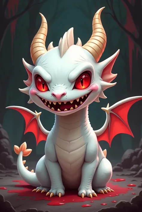 Create a 2D white dragon with a villainous, bloodthirsty expression but with a face that looks like a cute baby’s. The dragon should have a chubby, round face with big, glowing red eyes that still carry a sinister, hungry glare, reflecting its bloodlust. I...