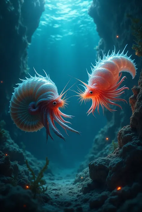 "Create a highly detailed underwater scene featuring a nautilus and a krill facing each other in an aggressive, angry stance. The nautilus flares its tentacles outward, its shell glowing faintly with bioluminescent patterns. The krill, enlarged and menacin...