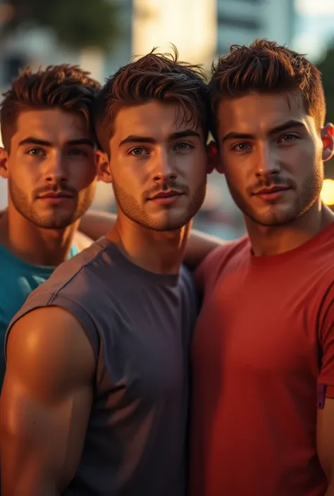 Cody Christian, portrait of a group of handsome muscular men posing together for a friend photo, professional photography men with short brown hair and Roman nose, wearing colorful t-shirts, drastic lighting, warm sunlight, photorealistic, hyperrealism Con...