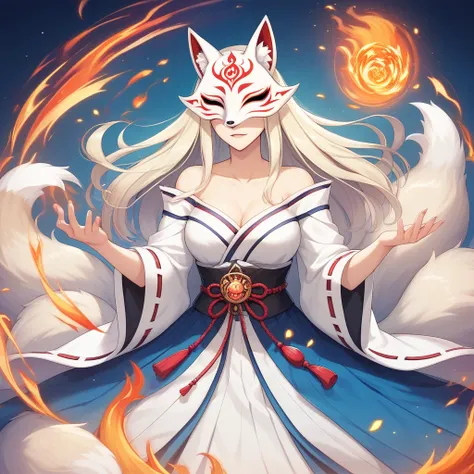 1 girl,Alone ,,  official art ,  unit 8k wallpaper ,  ultra Detailed ,  beautiful and aesthetic,  beautiful,  masterpiece ,  best quality skirt,, Kitsune Witch, fox mask, chaqueta haori, fox fire spell, fox familiar,  transformation ,