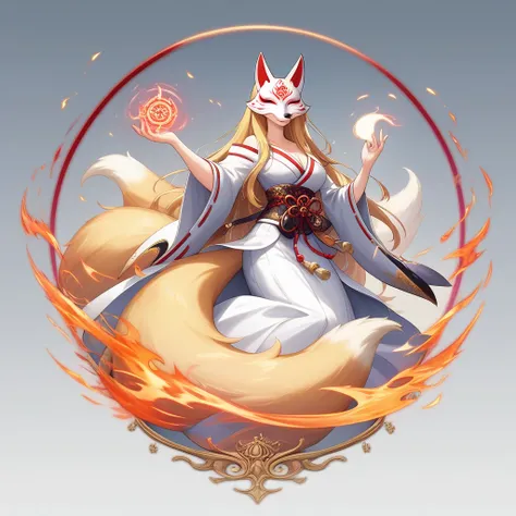 1 girl,Alone ,,  official art ,  unit 8k wallpaper ,  ultra Detailed ,  beautiful and aesthetic,  beautiful,  masterpiece ,  best quality skirt,, Kitsune Witch, fox mask, chaqueta haori, fox fire spell, fox familiar,  transformation ,