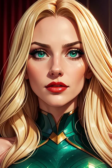 A beautiful woman with long blonde hair and emerald-green eyes. The woman is 26 years old. The woman has lovely makeup on her face. The woman wears red lipstick. Comic-style realism animation mixed with digital painting. Polished and realistic effect. Emph...