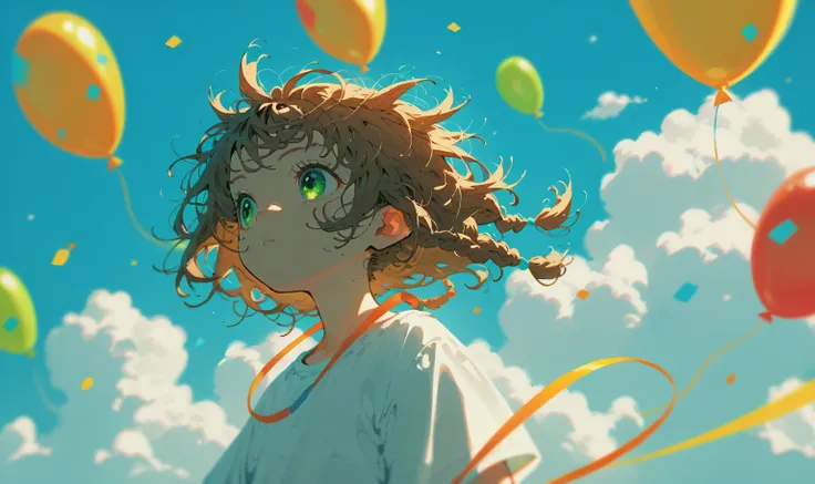 1 toddler，Medium brown hair ，Braid， green eyes ，Squint，hapiness，dynamic，Blue sky，White Cloud， colorful balloons， sunshine，Depth of Field，Vague， messy hair ， flowing bangs 