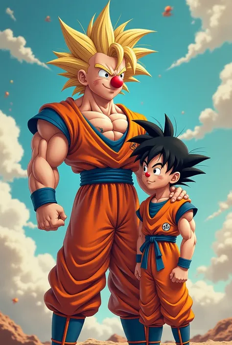 goku with clown hair and nose with his hand on gohan's shoulder 