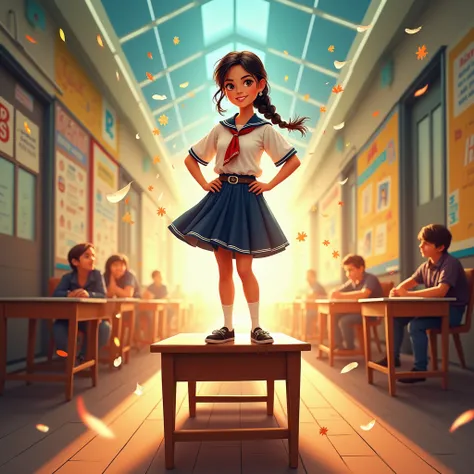 Design a vibrant Bollywood movie poster featuring a confident schoolgirl young and beautiful 18 years young standing boldly on a wooden desk amidst a lively school corridor. She wears a traditional Indian school uniform with a navy-blue skirt, white shirt,...