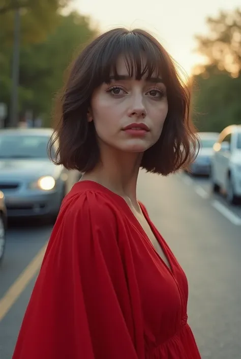 araffe woman in a red dress standing in a parking lot, actress, taken with sony alpha 9, movie stills photography, mid shot portrait, shot on sony a 7 iii, profile pic, * colour splash *, innocent look, with lovely look, by Max Dauthendey, shot on sony a 7...