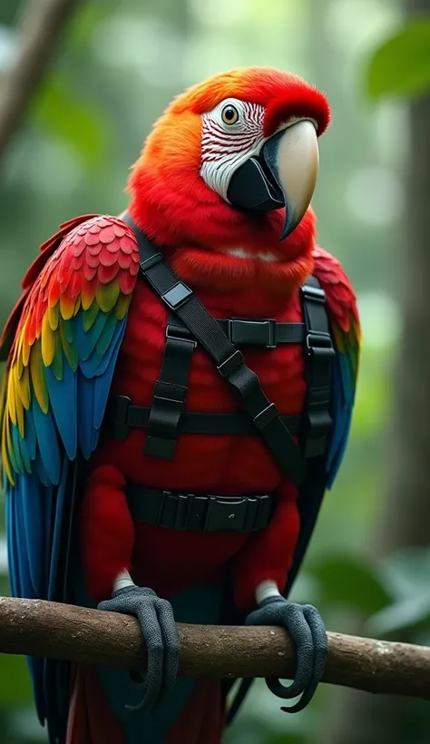 A muscular handsome humanoid parrot with colorful feathers and a fierce look, perched on a branch in the rainforest, wearing tactical clothing, hyperrealistic textures on feathers, cinematic lighting with vibrant colors, high resolution --ar 9:16.