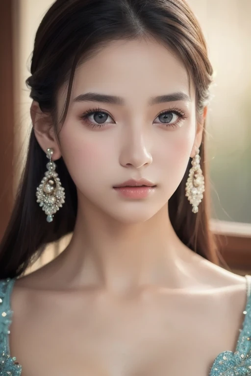  best quality,masterpiece,  super high definition ,(photo is present:1.4) 1 girl, beautiful_face, detailed skin, full body, jewelry,Alone, earrings,(:1.3), are blurry, is present,lips,