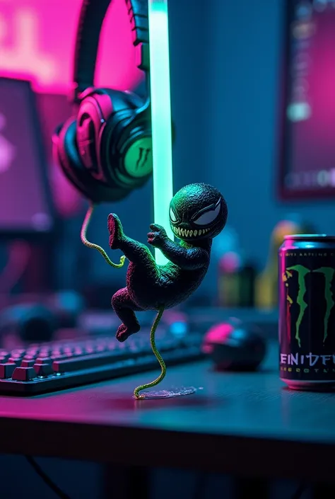 A tiny Venom, clinging to a glowing neon green stick hanging between giant headphones on a desk. His gooey tendrils stretch out dramatically to maintain balance as he swings back and forth. The desk is cluttered with a gaming keyboard, scattered energy dri...